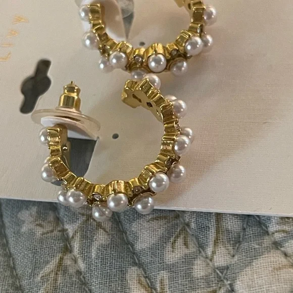 Gold and White Hoop Earrings - Picture 2 of 4